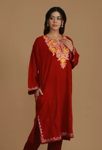 Maroon Phiran with Yellow and White Aari Embroidery- Free Size image 3