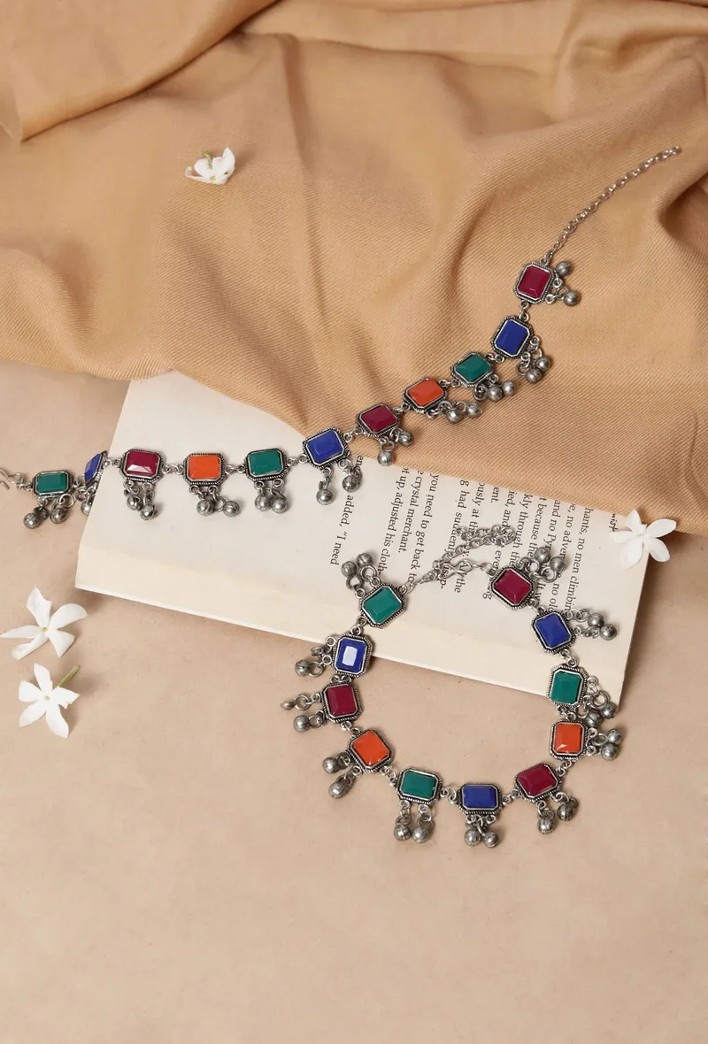 German Silver Multi Color Stone Work Partywear Pair Of Anklet