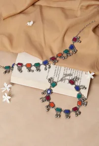 German Silver Multi Color Stone Work Partywear Pair Of Anklet image 1