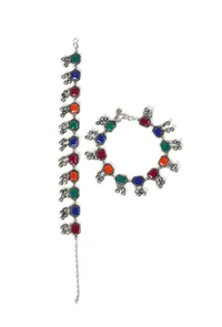 German Silver Multi Color Stone Work Partywear Pair Of Anklet image 2