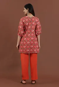 Set of 2: Rust Red Patola Printed Tussar Silk Kurta with Shantoon Straight Pant Set image 4
