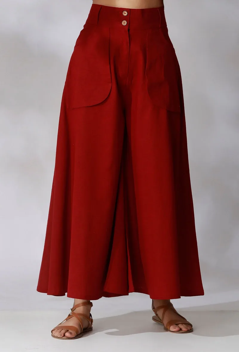 Maroon High Waist Pants With Front Pockets