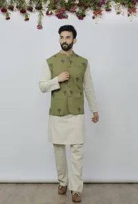 Set of 3 - Safeda Cotton Kurta & Pyjama with Olive Green Nehru Jacket image 1