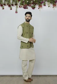 Set of 3 - Safeda Cotton Kurta & Pyjama with Olive Green Nehru Jacket image 2