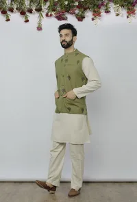 Set of 3 - Safeda Cotton Kurta & Pyjama with Olive Green Nehru Jacket image 3