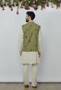 Set of 3 - Safeda Cotton Kurta & Pyjama with Olive Green Nehru Jacket image 4