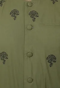 Set of 3 - Safeda Cotton Kurta & Pyjama with Olive Green Nehru Jacket image 5
