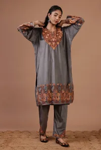 Grey Velvet Ari Embroidered Kurta & Pant Set- Free Size image 1