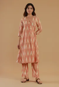 Set of 2: Peach Ikat Cotton Tie-Up Kurta with Matching Straight Pant Set image 1