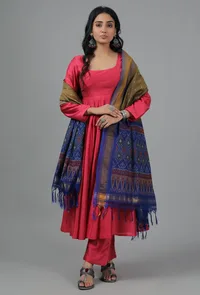 Mud Brown & Blue Ikat Dupatta image 1