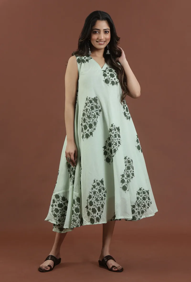 Sage Green Floral Printed Flared Maxi Dress