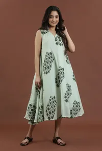 Sage Green Floral Printed Flared Maxi Dress image 1