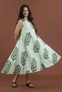 Sage Green Floral Printed Flared Maxi Dress image 2