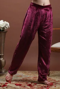 Meher Solid Wine Velvet Narrow Fit Pants image 2