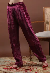 Meher Solid Wine Velvet Narrow Fit Pants image 3