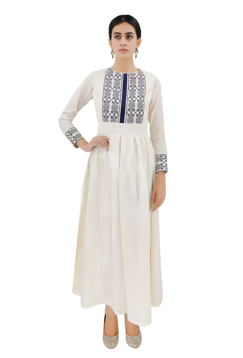 Cotton Dress With Blue Cross Stitch Yoke