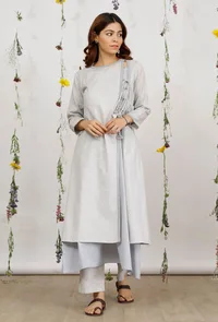 Set of 3:Powder Blue Cotton Khadi Slip Kurta with Side Tie up Kurta and Grey Cotton Khaadi Straight Pants image 1