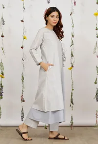 Set of 3:Powder Blue Cotton Khadi Slip Kurta with Side Tie up Kurta and Grey Cotton Khaadi Straight Pants image 3