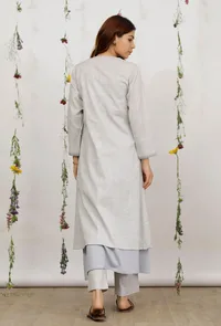 Set of 3:Powder Blue Cotton Khadi Slip Kurta with Side Tie up Kurta and Grey Cotton Khaadi Straight Pants image 4