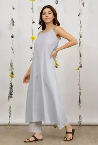 Set of 3:Powder Blue Cotton Khadi Slip Kurta with Side Tie up Kurta and Grey Cotton Khaadi Straight Pants image 5