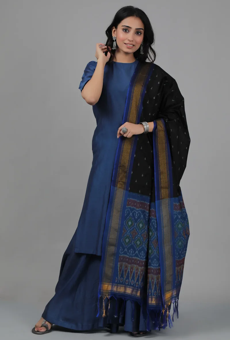 Black & Ocean Blue Ikat Dupatta