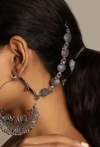 Pair Of German Silver Designer Circled Coined With Ghunghru Earchain image 1