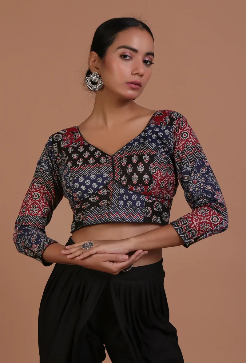 Blue and Black Cotton Ajrakh Printed Full Sleeve Blouse