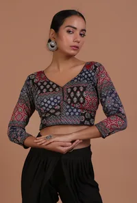 Blue and Black Cotton Ajrakh Printed Full Sleeve Blouse image 1
