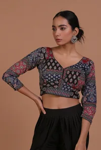 Blue and Black Cotton Ajrakh Printed Full Sleeve Blouse image 4