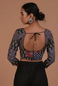 Blue and Black Cotton Ajrakh Printed Full Sleeve Blouse image 6