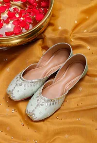 Mint Dabka Embroidered Silk Juttis image 1