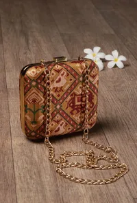 Aviva Golden & Multi Patola Print Square Box Clutch image 2
