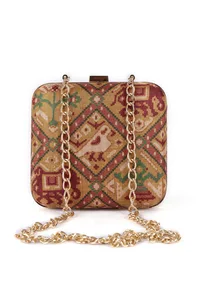 Aviva Golden & Multi Patola Print Square Box Clutch image 3