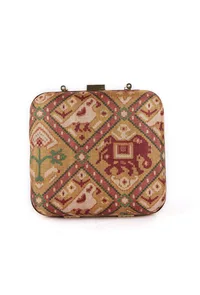 Aviva Golden & Multi Patola Print Square Box Clutch image 4