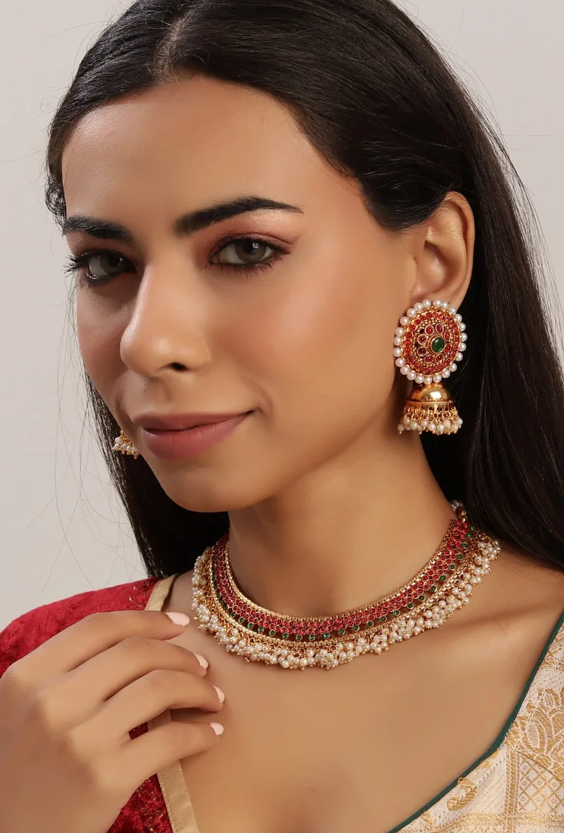 Stunning Guttapusalu Necklace & Jhumka Set In Antique Gold