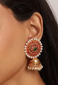 Stunning Guttapusalu Necklace & Jhumka Set In Antique Gold image 2