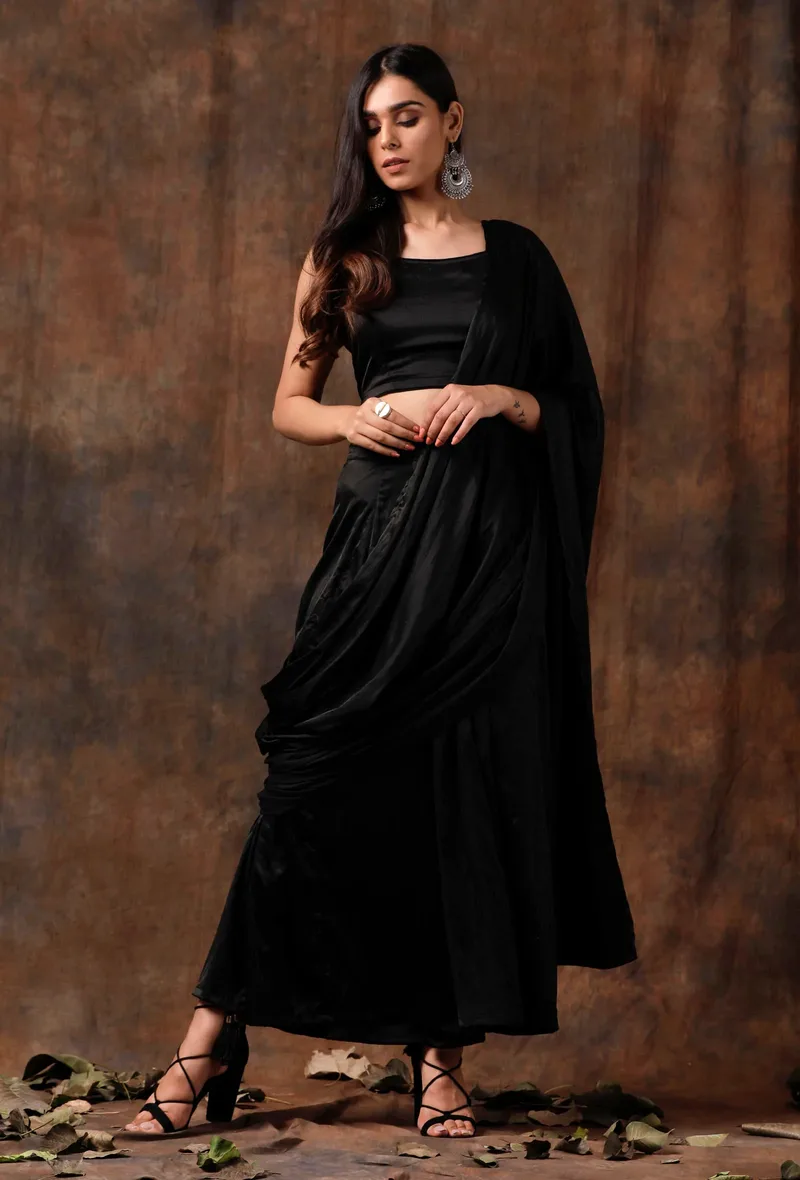 Set of 3 : Black Blouse with Pallazo and Satin Drape Dupatta