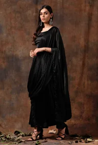 Set of 3 : Black Blouse with Pallazo and Satin Drape Dupatta image 2
