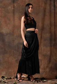 Set of 3 : Black Blouse with Pallazo and Satin Drape Dupatta image 3