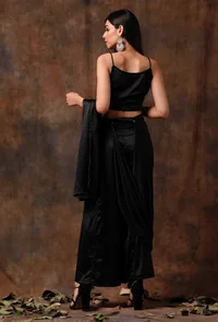 Set of 3 : Black Blouse with Pallazo and Satin Drape Dupatta image 4