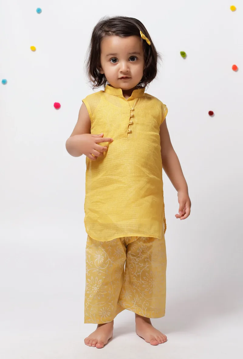 Set of 3 : Sehar Yellow Cotton Kota Cape with Floral Hand Block Printed Cotton Slip and Contrast Floral Handblock Printed Cotton Elastic Pants