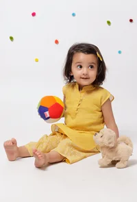 Set of 3 : Sehar Yellow Cotton Kota Cape with Floral Hand Block Printed Cotton Slip and Contrast Floral Handblock Printed Cotton Elastic Pants image 2