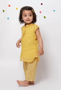 Set of 3 : Sehar Yellow Cotton Kota Cape with Floral Hand Block Printed Cotton Slip and Contrast Floral Handblock Printed Cotton Elastic Pants image 4