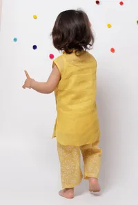 Set of 3 : Sehar Yellow Cotton Kota Cape with Floral Hand Block Printed Cotton Slip and Contrast Floral Handblock Printed Cotton Elastic Pants image 5