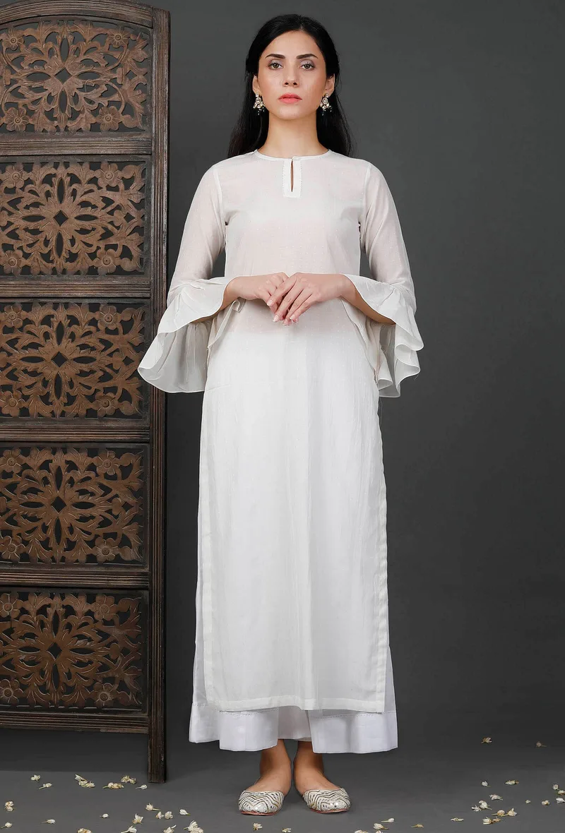Bell Sleeves White Soya Cotton Kurta