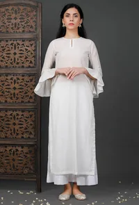 Bell Sleeves White Soya Cotton Kurta image 1