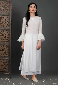 Bell Sleeves White Soya Cotton Kurta image 2