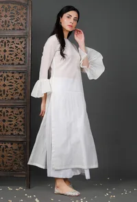 Bell Sleeves White Soya Cotton Kurta image 4