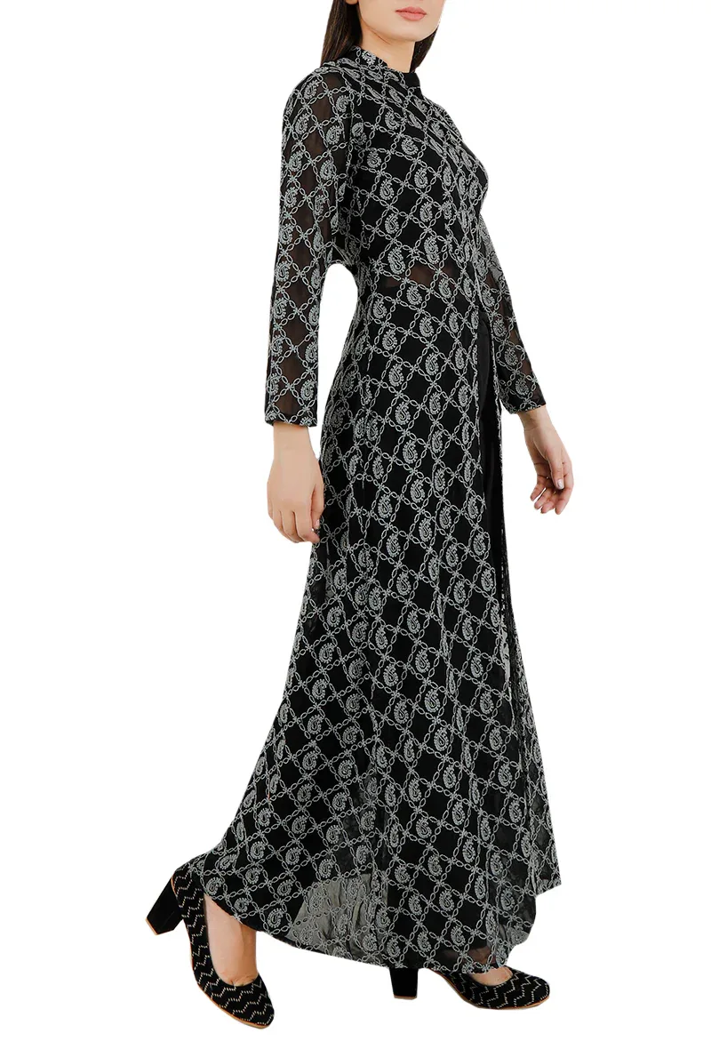 Set Of Black Chikankari Georgette Kurta And Silk Pants