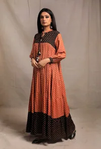 Rust Orange Contrast Printed Tier Long Dress image 2
